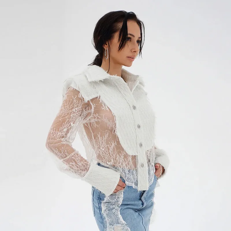 Elegant  Autumn &amp; Winter Lace Patchwork See-Through Shirt for a Touch of Sophisticated Sheer Style