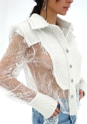 Elegant  Autumn &amp; Winter Lace Patchwork See-Through Shirt for a Touch of Sophisticated Sheer Style
