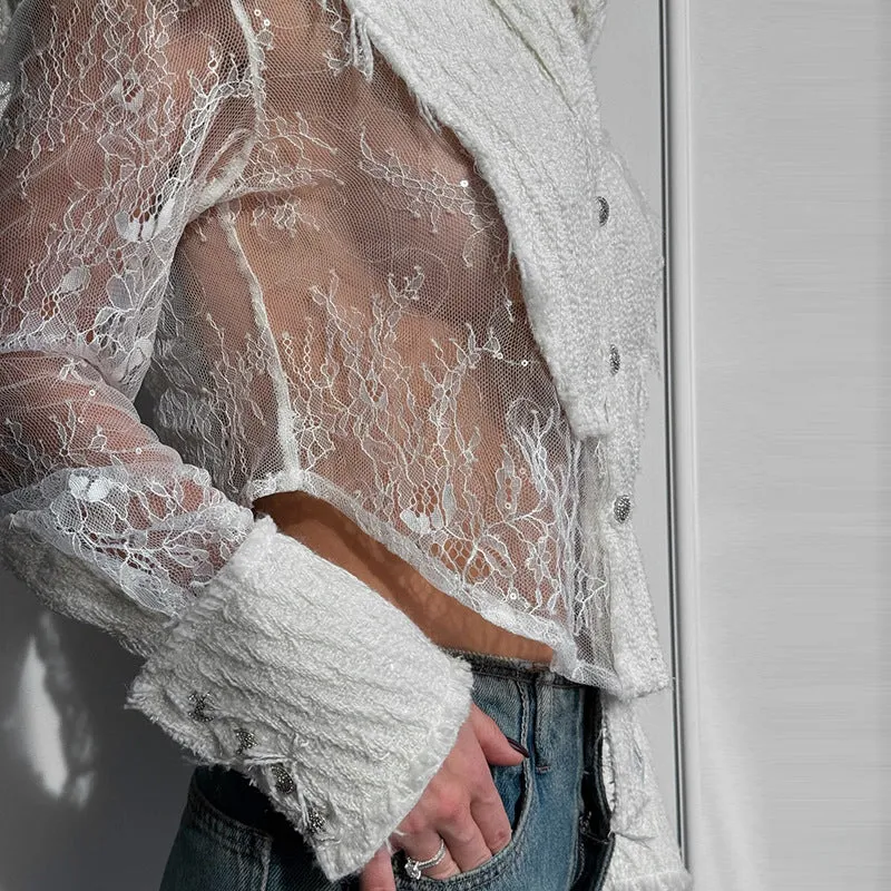 Elegant  Autumn &amp; Winter Lace Patchwork See-Through Shirt for a Touch of Sophisticated Sheer Style