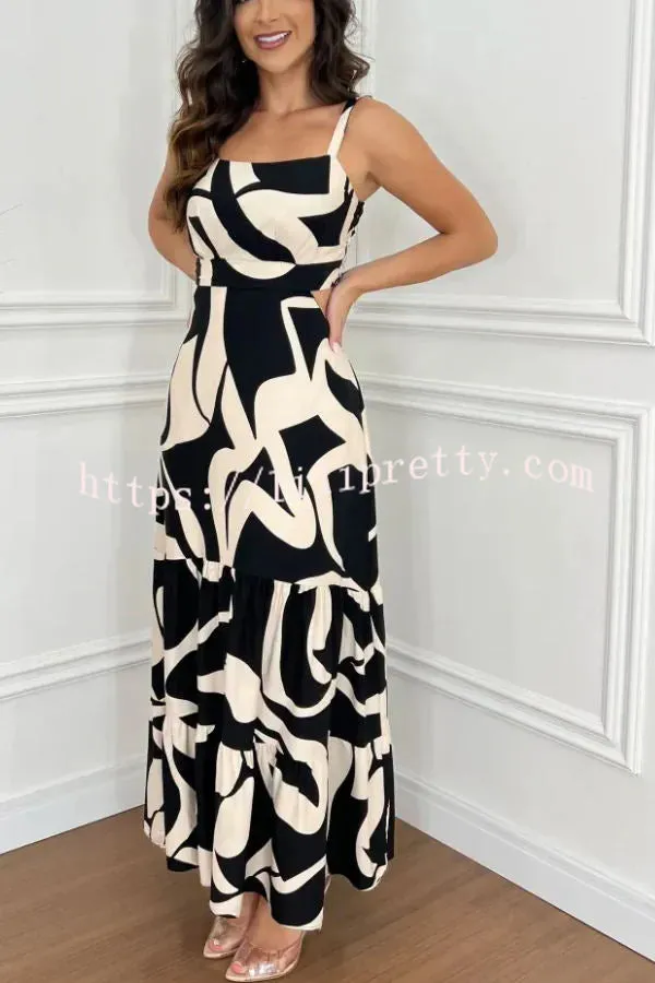 Elegant Colorblock Print Back Cutout Smocked Maxi Dress