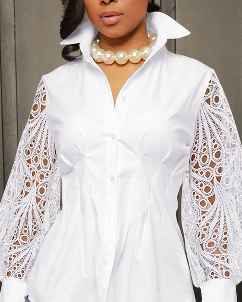 Elegant Lace Patchwork Long-Sleeved Shirt for Effortless Sophistication