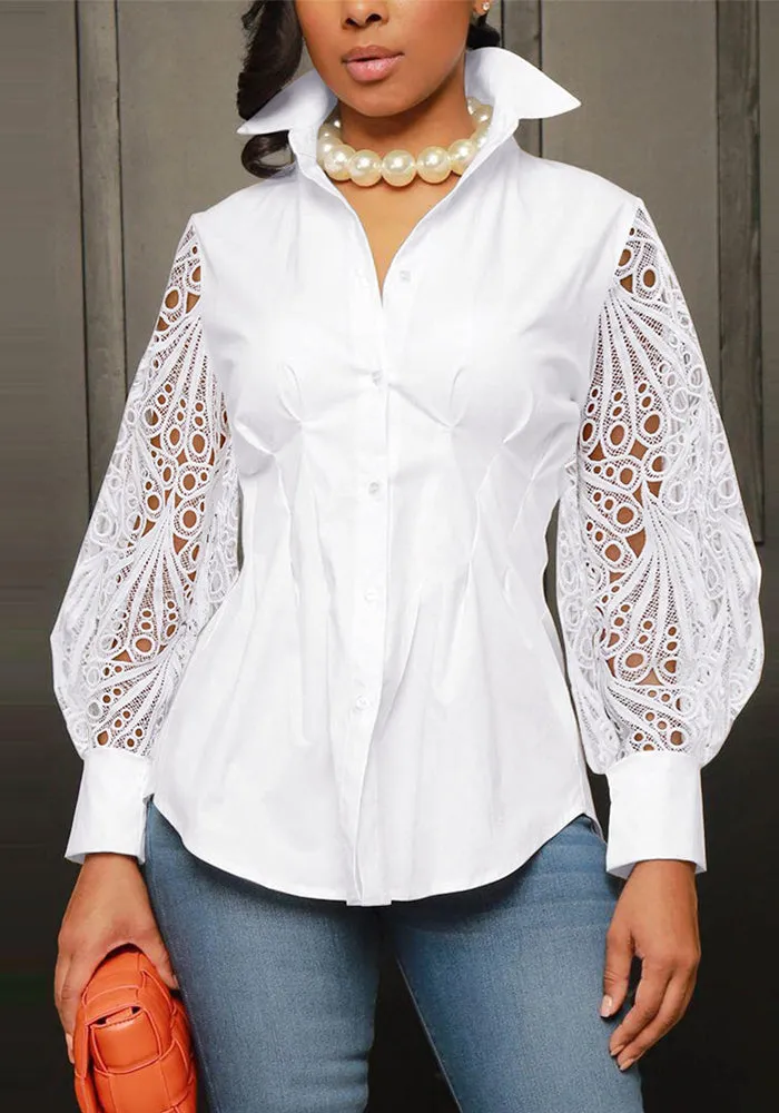 Elegant Lace Patchwork Long-Sleeved Shirt for Effortless Sophistication