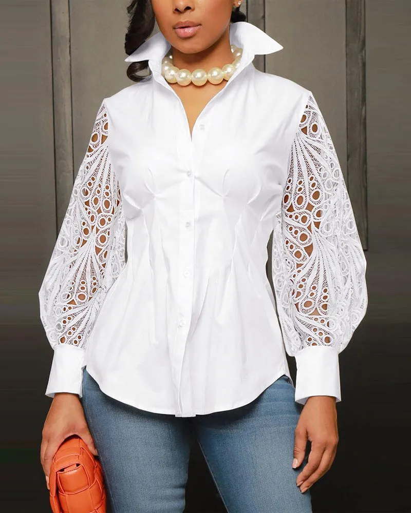 Elegant Lace Patchwork Long-Sleeved Shirt for Effortless Sophistication