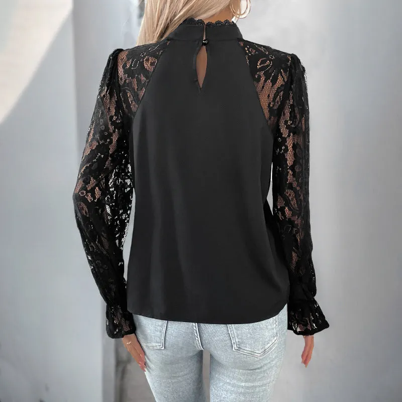 Elegant Sophistication Lace Patchwork Long-Sleeved Career Blouse