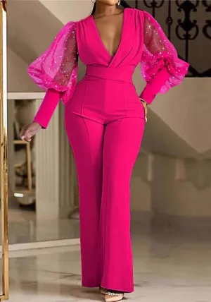 Elegant V-Neck Mesh Sleeve Wide-Leg Jumpsuit for Autumn Glamour