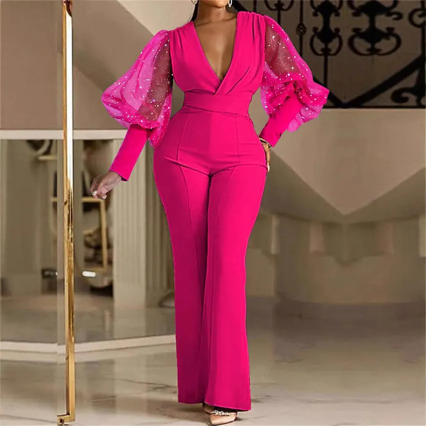 Elegant V-Neck Mesh Sleeve Wide-Leg Jumpsuit for Autumn Glamour
