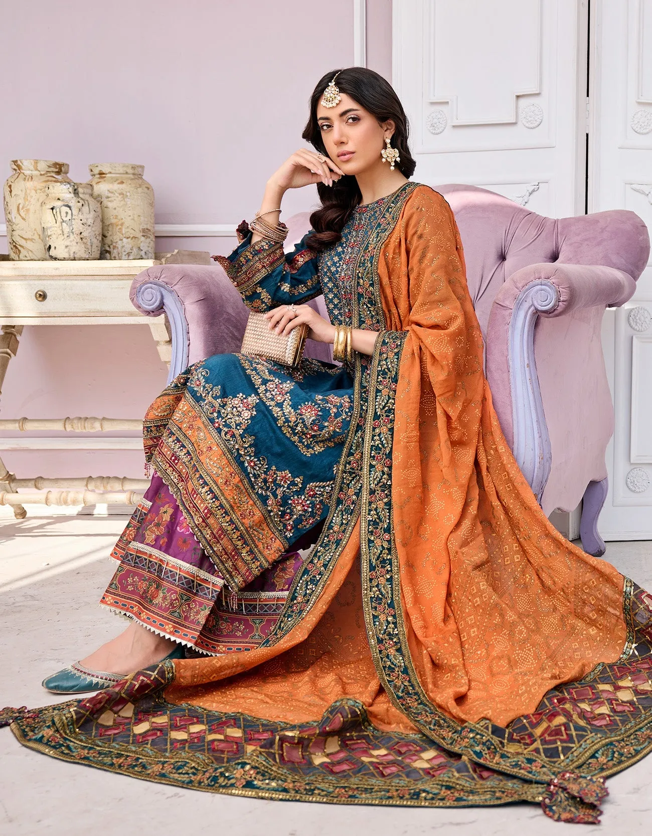 Embellished Pakistani Orange Blue Kameez Salwar Suit