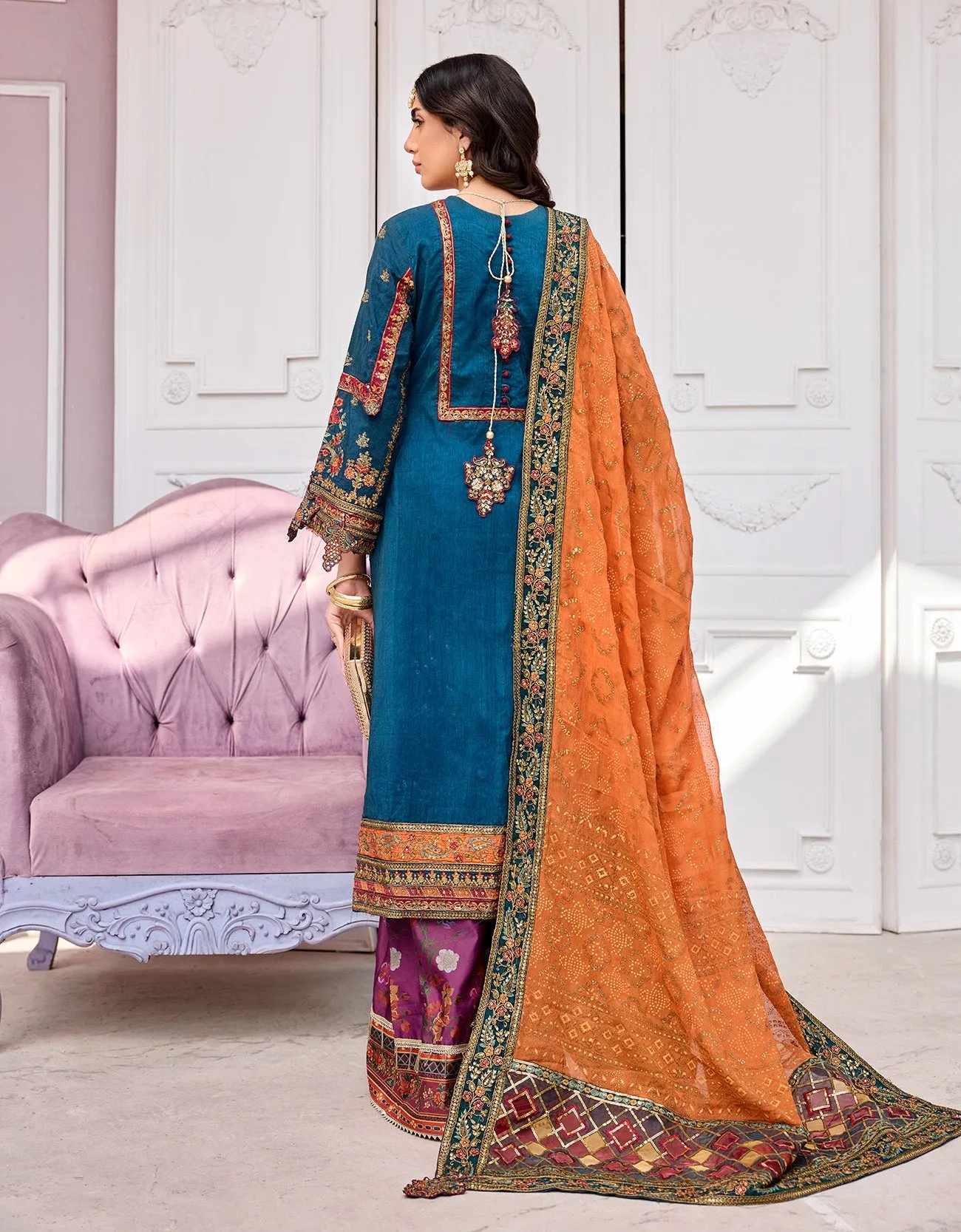 Embellished Pakistani Orange Blue Kameez Salwar Suit