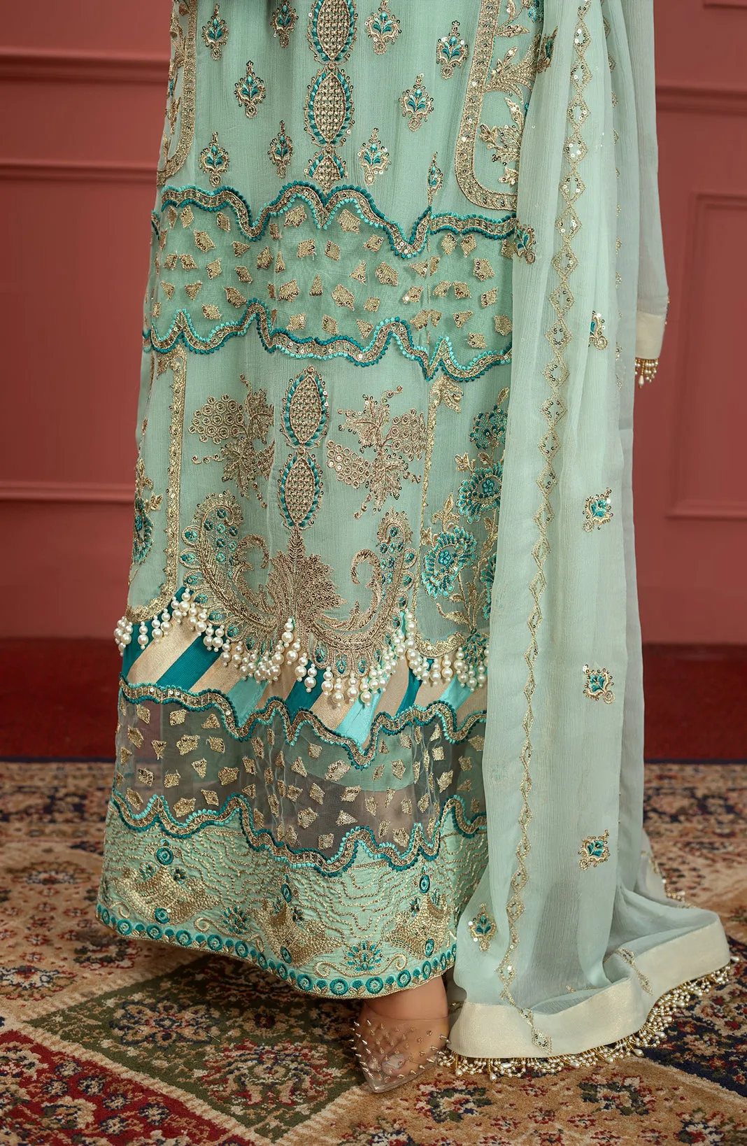 Embroidered Aqua Kameez Salwar Pakistani Party Dress