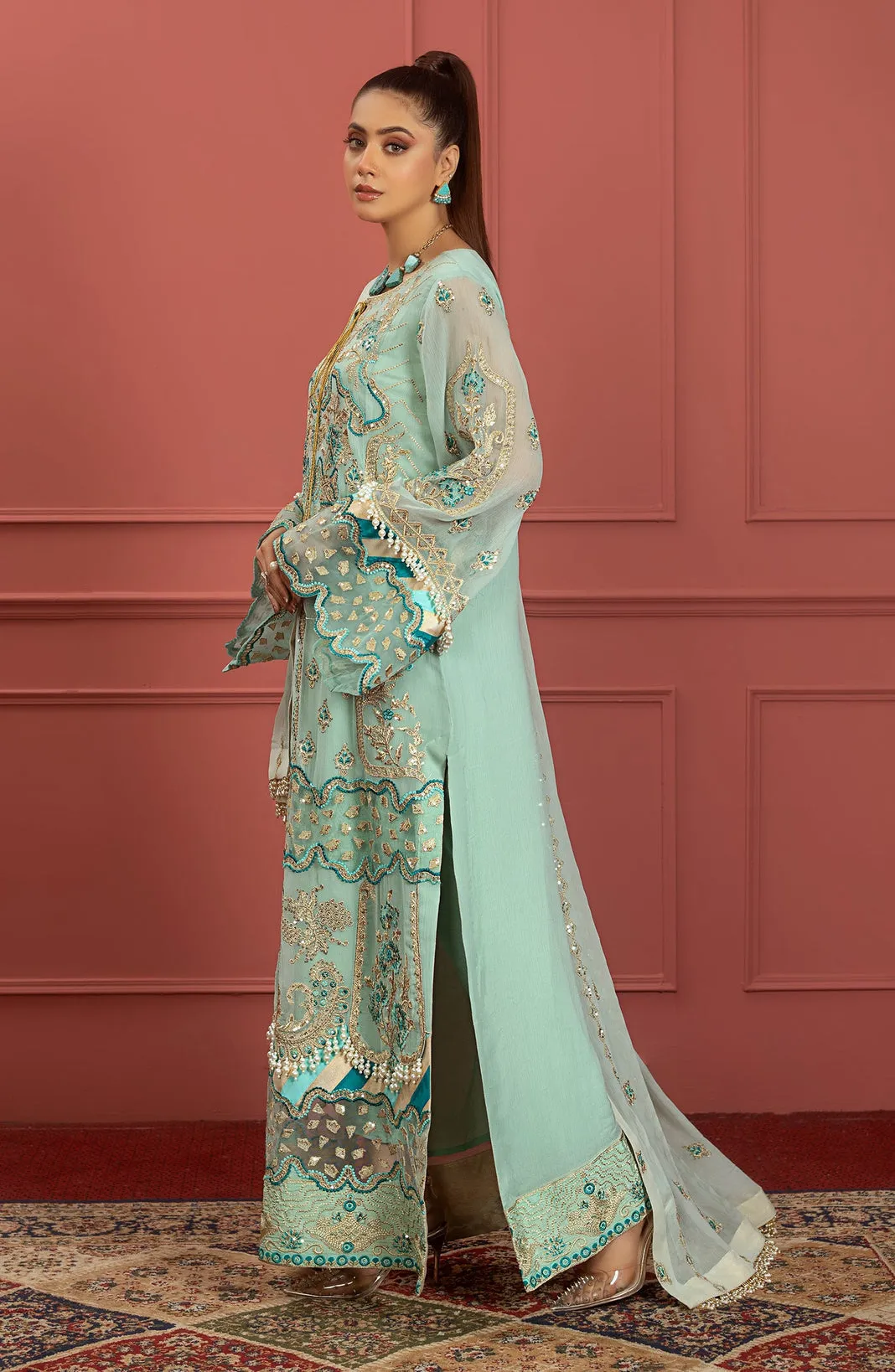 Embroidered Aqua Kameez Salwar Pakistani Party Dress