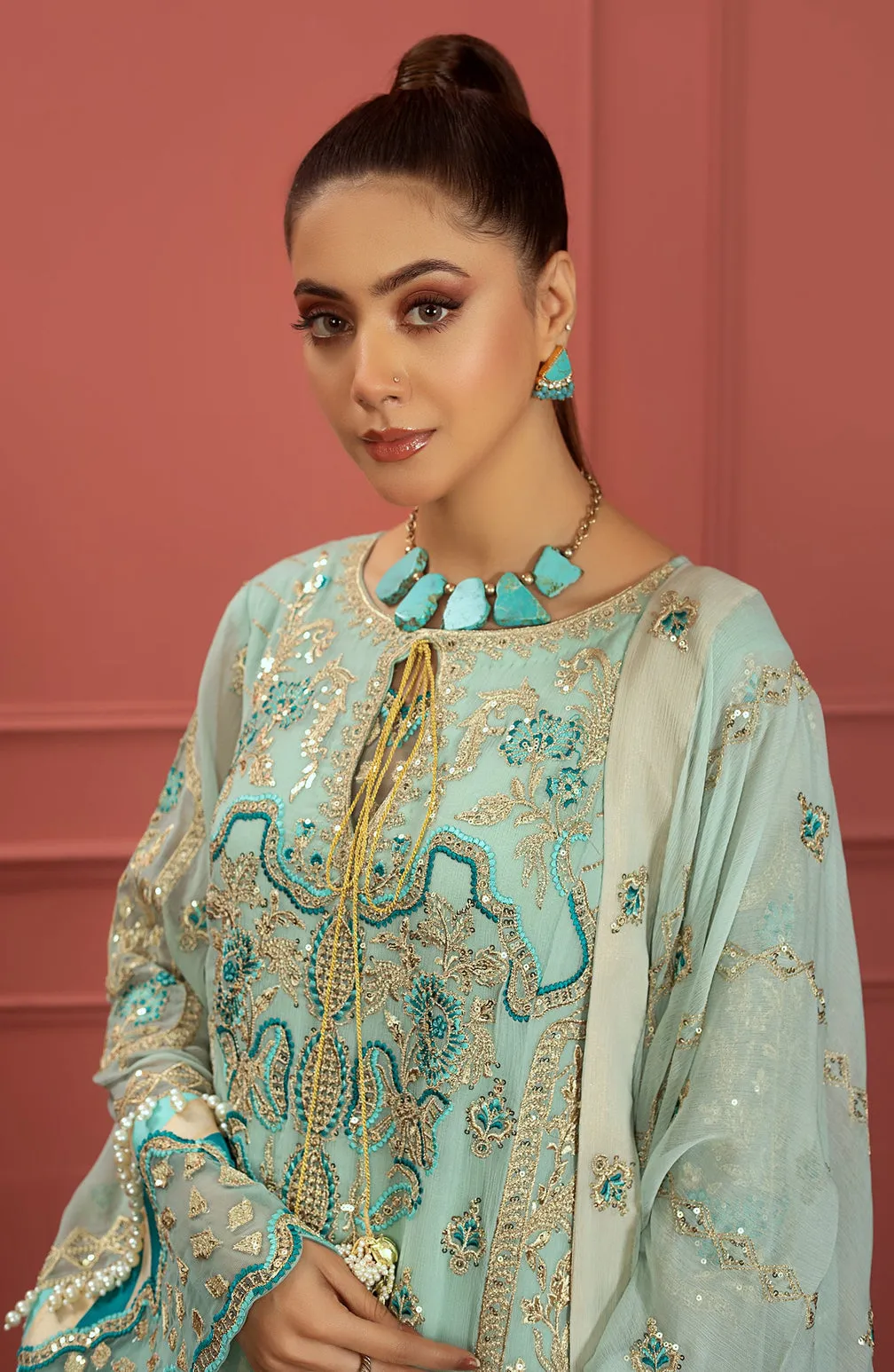 Embroidered Aqua Kameez Salwar Pakistani Party Dress