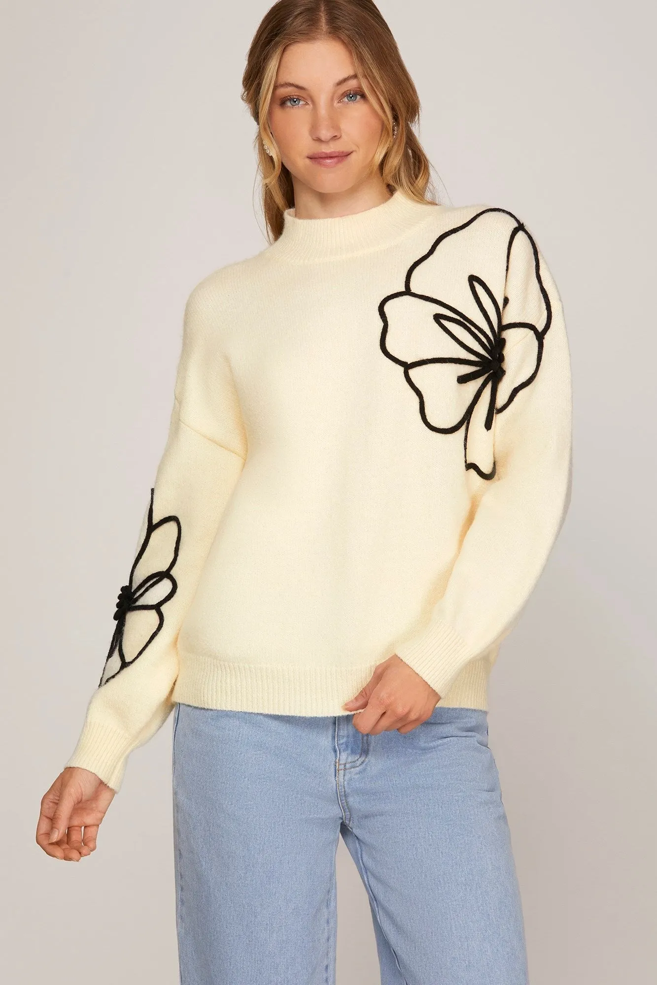 Embroidered Floral Outline Sweater
