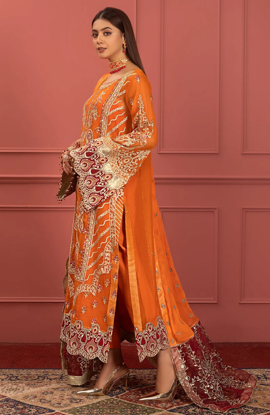 Embroidered Orange Kameez Salwar Pakistani Party Dress