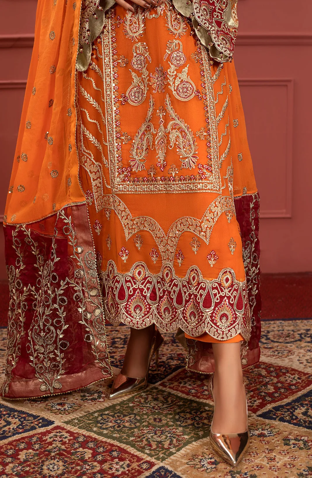 Embroidered Orange Kameez Salwar Pakistani Party Dress
