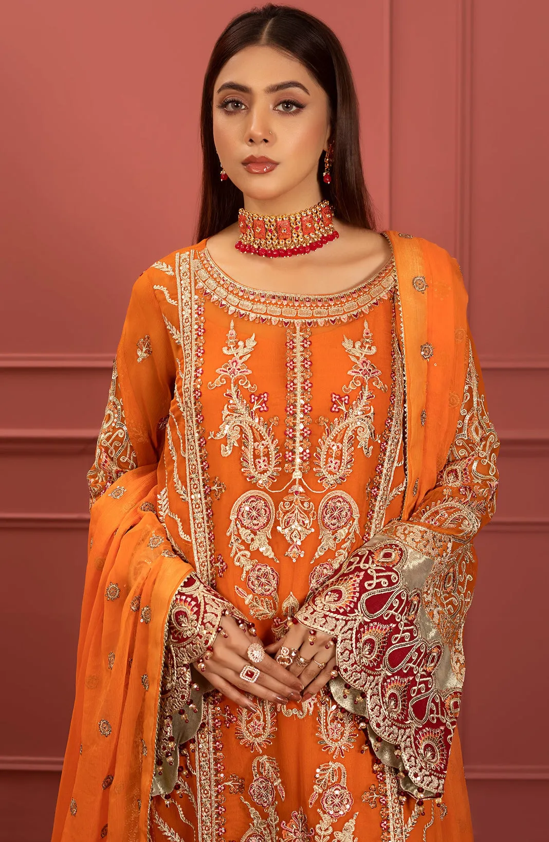 Embroidered Orange Kameez Salwar Pakistani Party Dress
