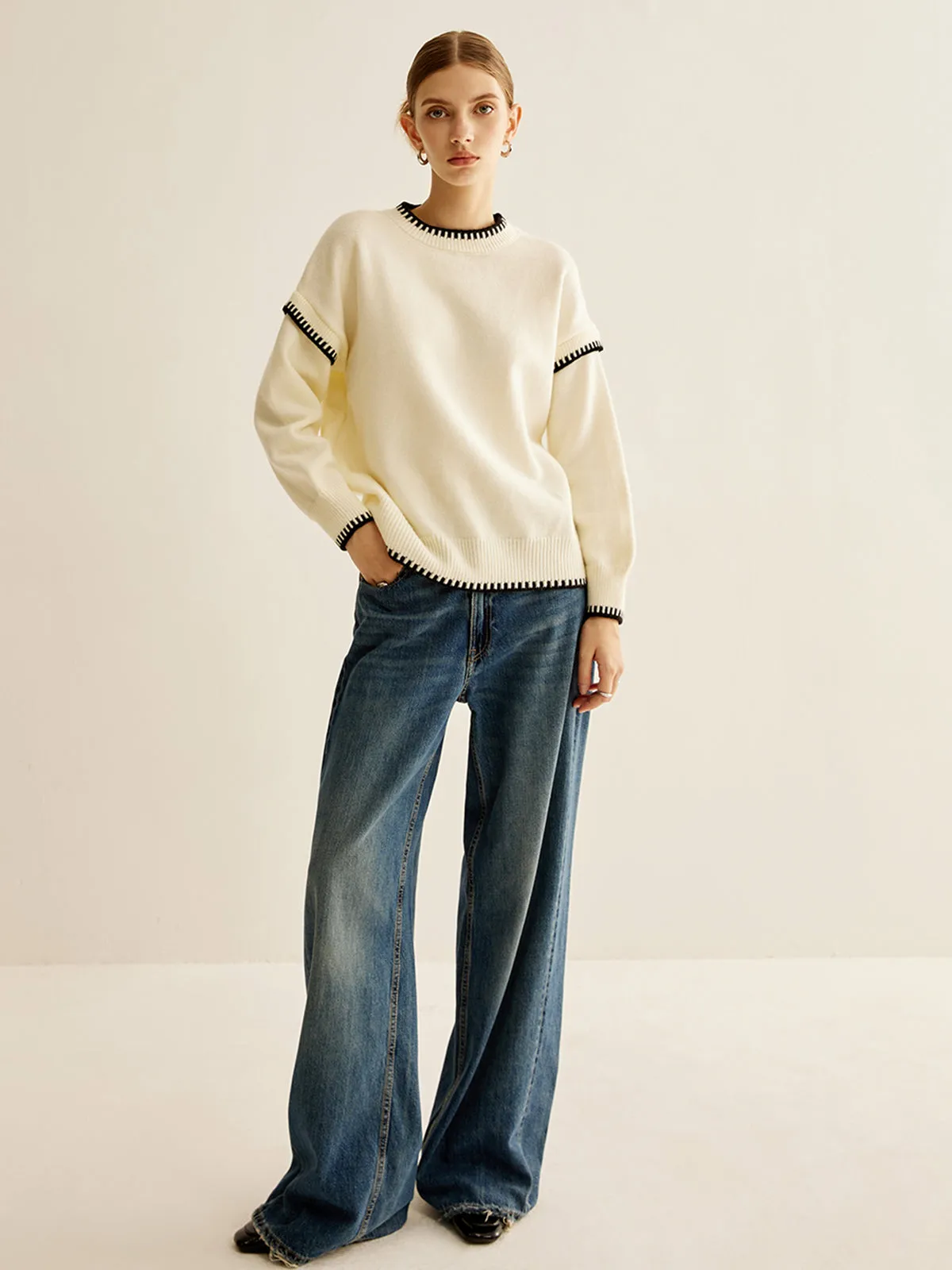 Embroidered Trim Pullover Sweater