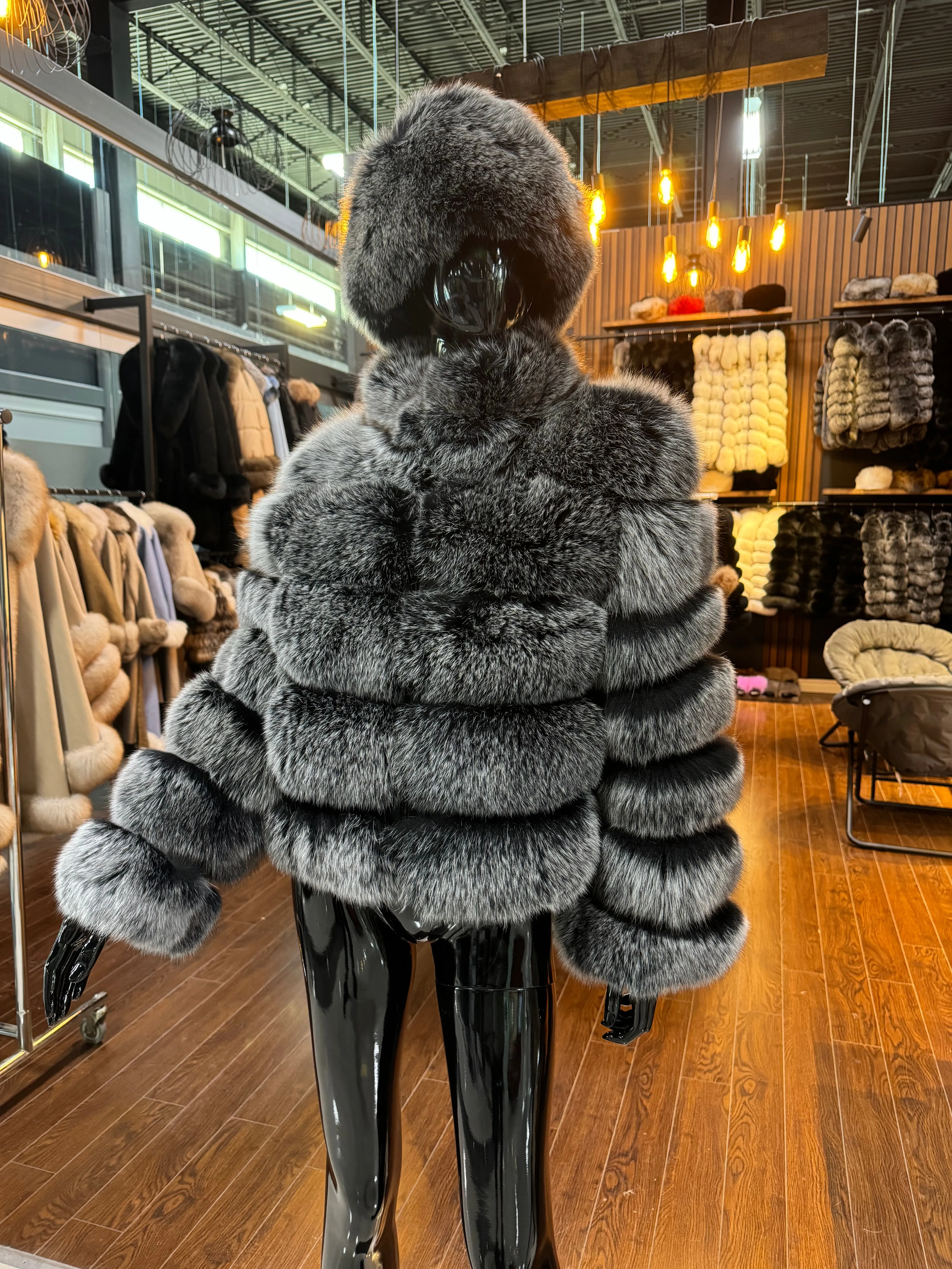 Exclusive Design 100% Real Gray Fox Fur Coat