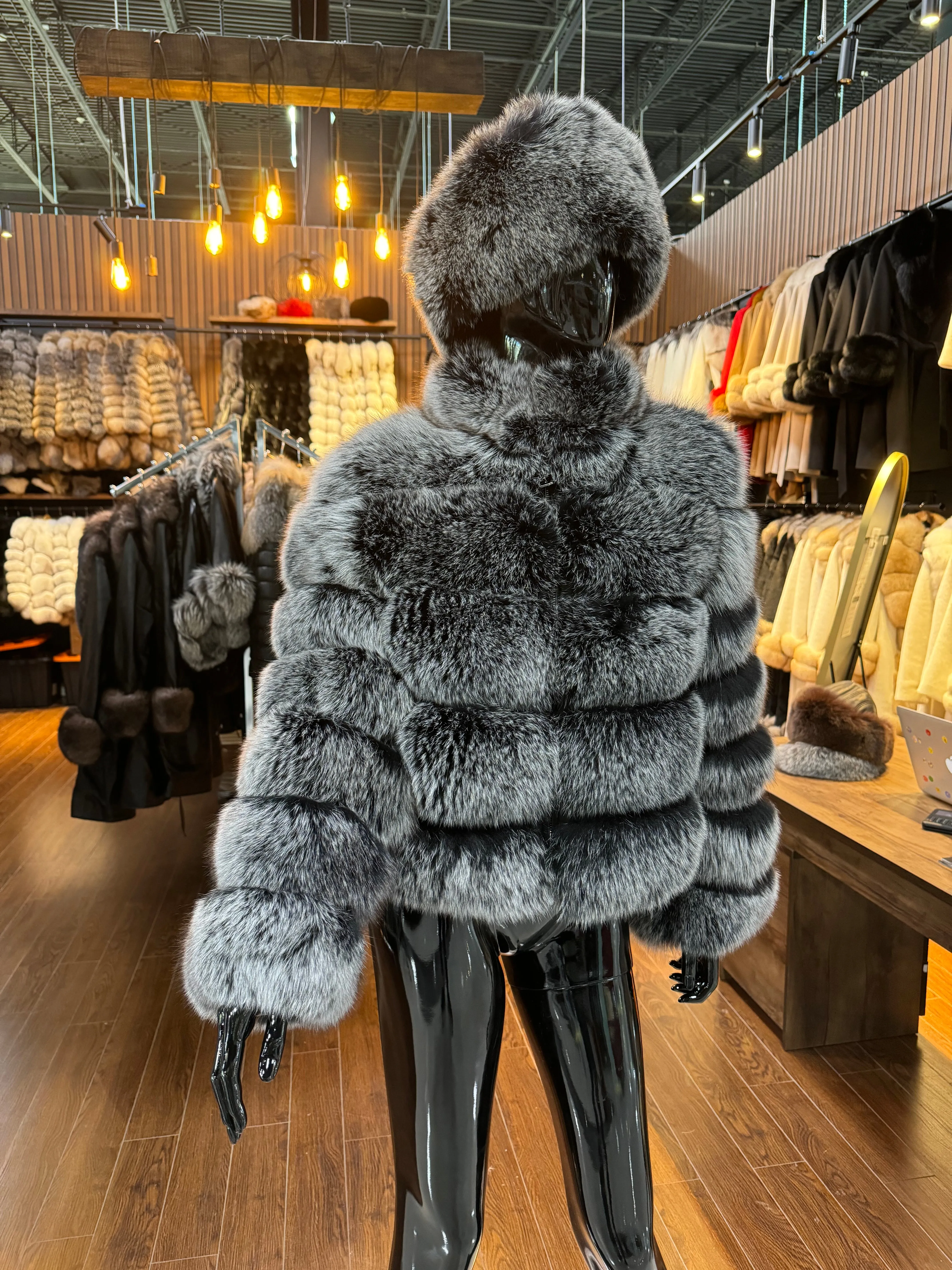 Exclusive Design 100% Real Gray Fox Fur Coat