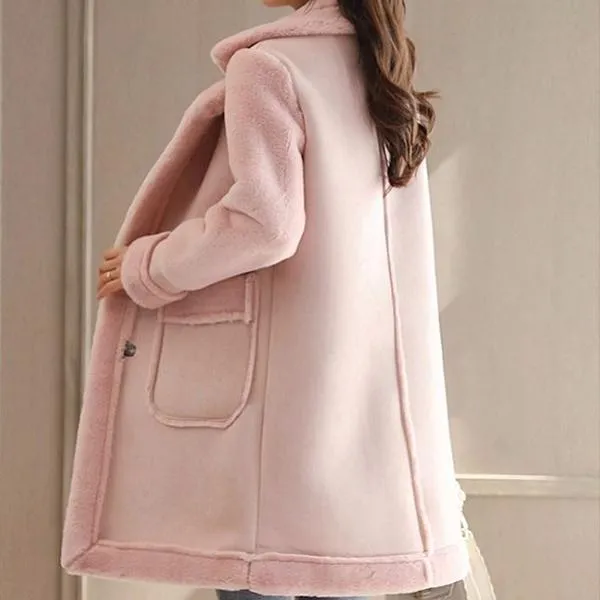 Fashionable Temperament Mid-length Fur All-in-one Women's Cotton-padded Coat Winter Elegant Big Fur Collar Thick Warmth Suede Coat