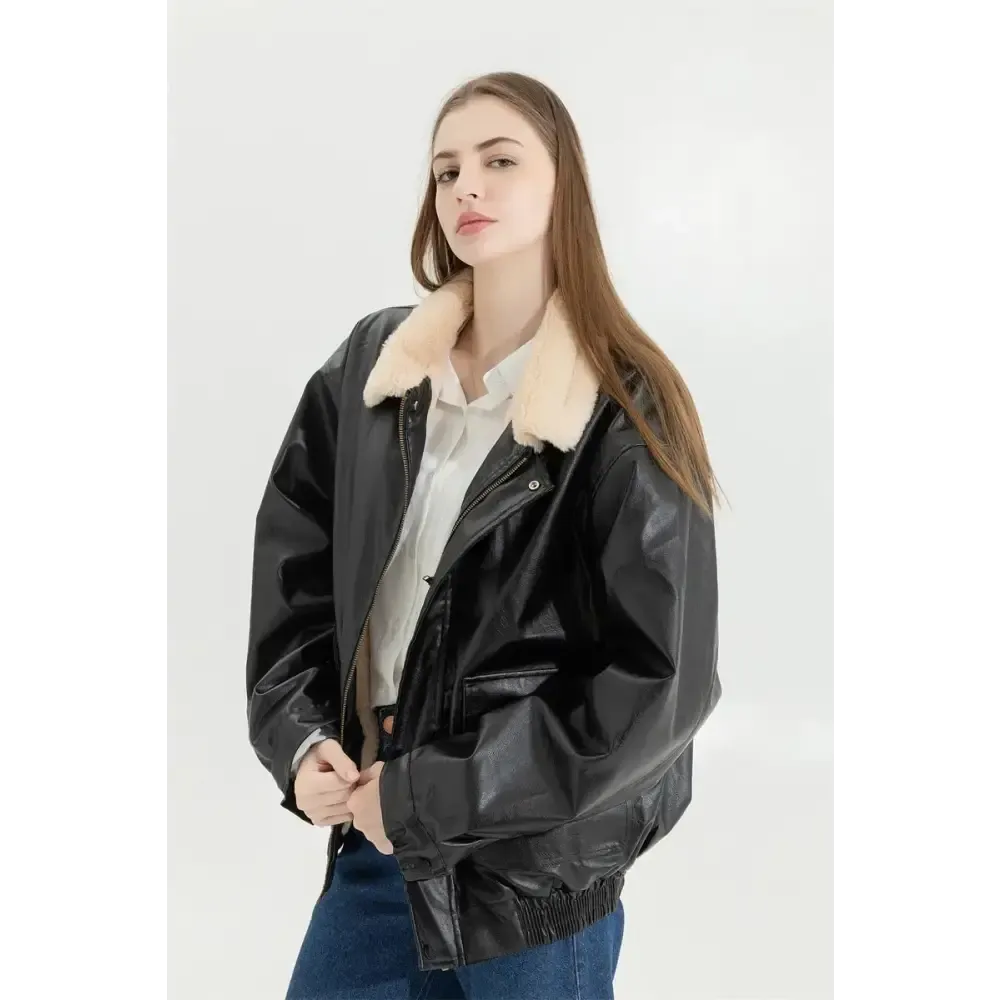 Faux Leather Jacket with Faux Fur and Button Fastening