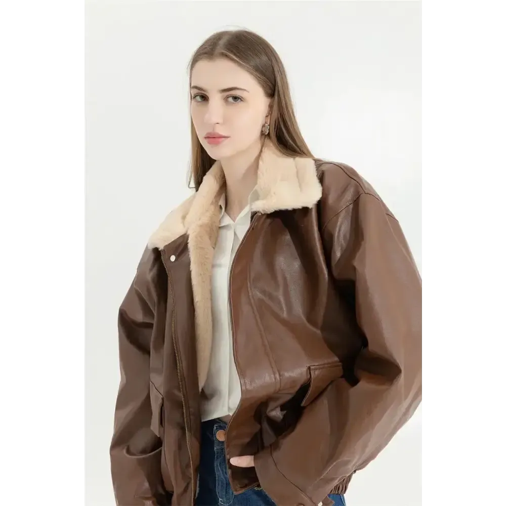 Faux Leather Jacket with Faux Fur and Button Fastening