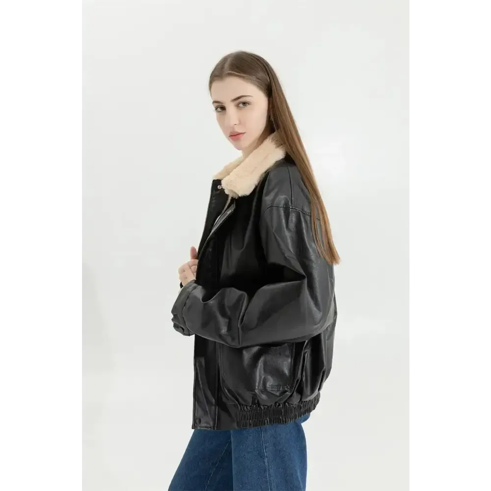 Faux Leather Jacket with Faux Fur and Button Fastening