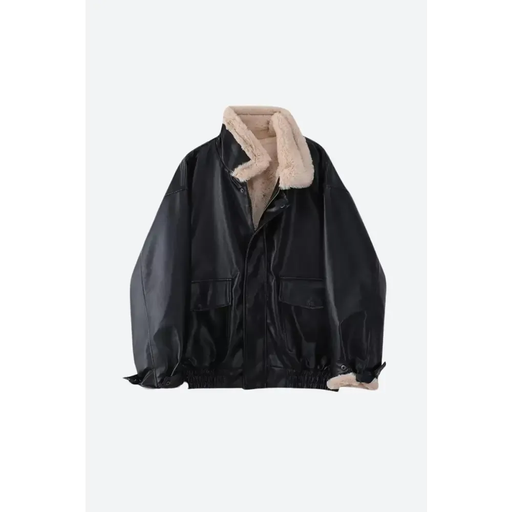 Faux Leather Jacket with Faux Fur and Button Fastening
