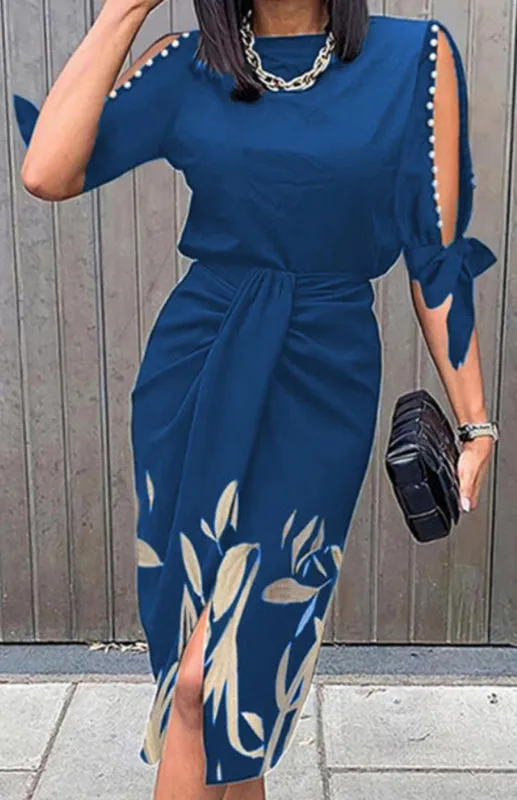 Floral Print Midi Dress with Cutout Sleeves and Lace-up Detail