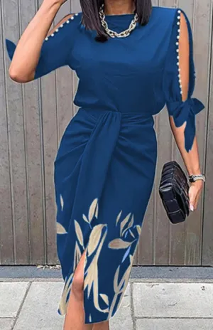 Floral Print Midi Dress with Cutout Sleeves and Lace-up Detail
