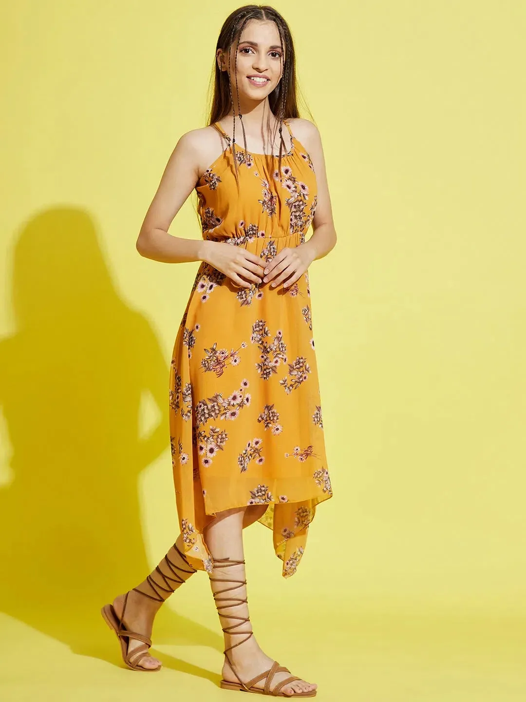 Girls Mustard Floral Strappy Dress