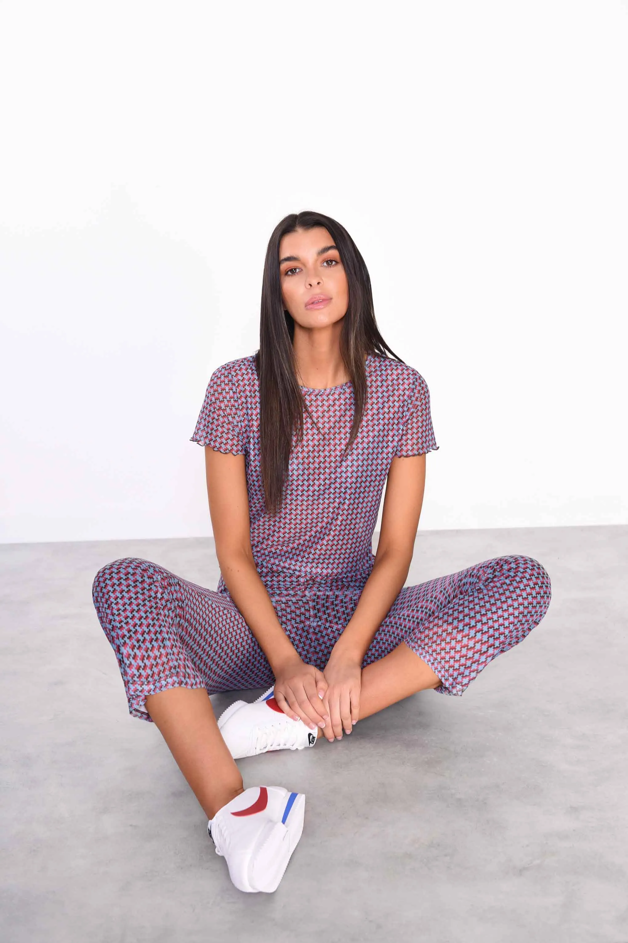 Glamorous Mini Geo Mesh Cropped Flared Trousers