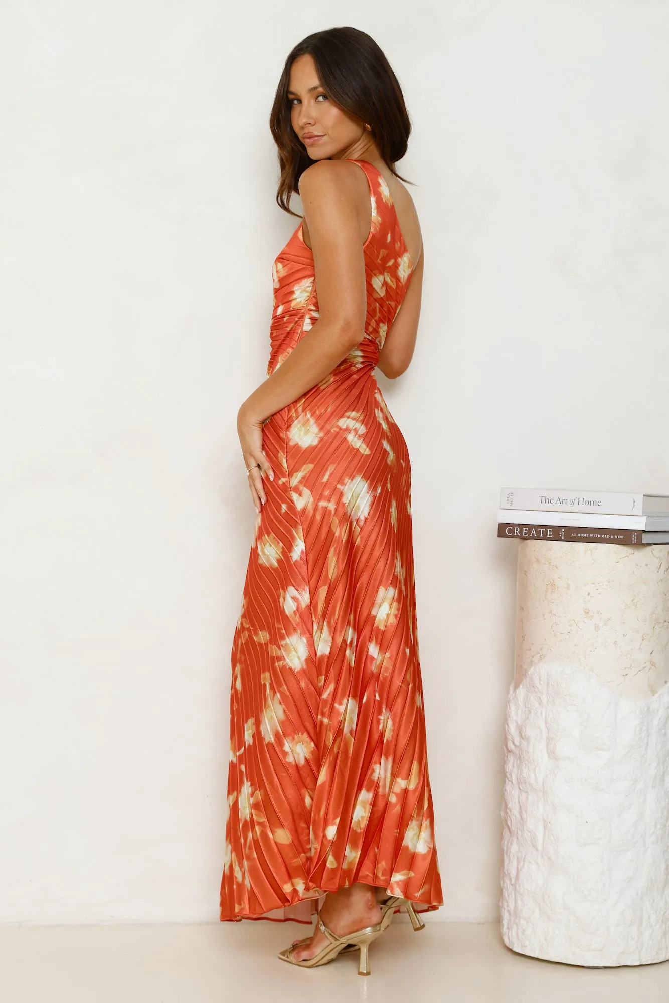 Golden Touch Satin One Shoulder Maxi Dress Rust
