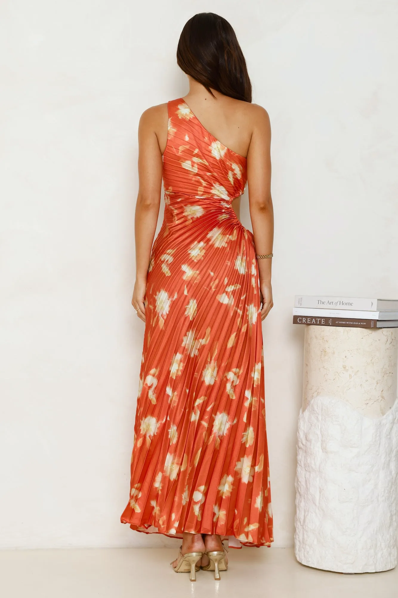 Golden Touch Satin One Shoulder Maxi Dress Rust