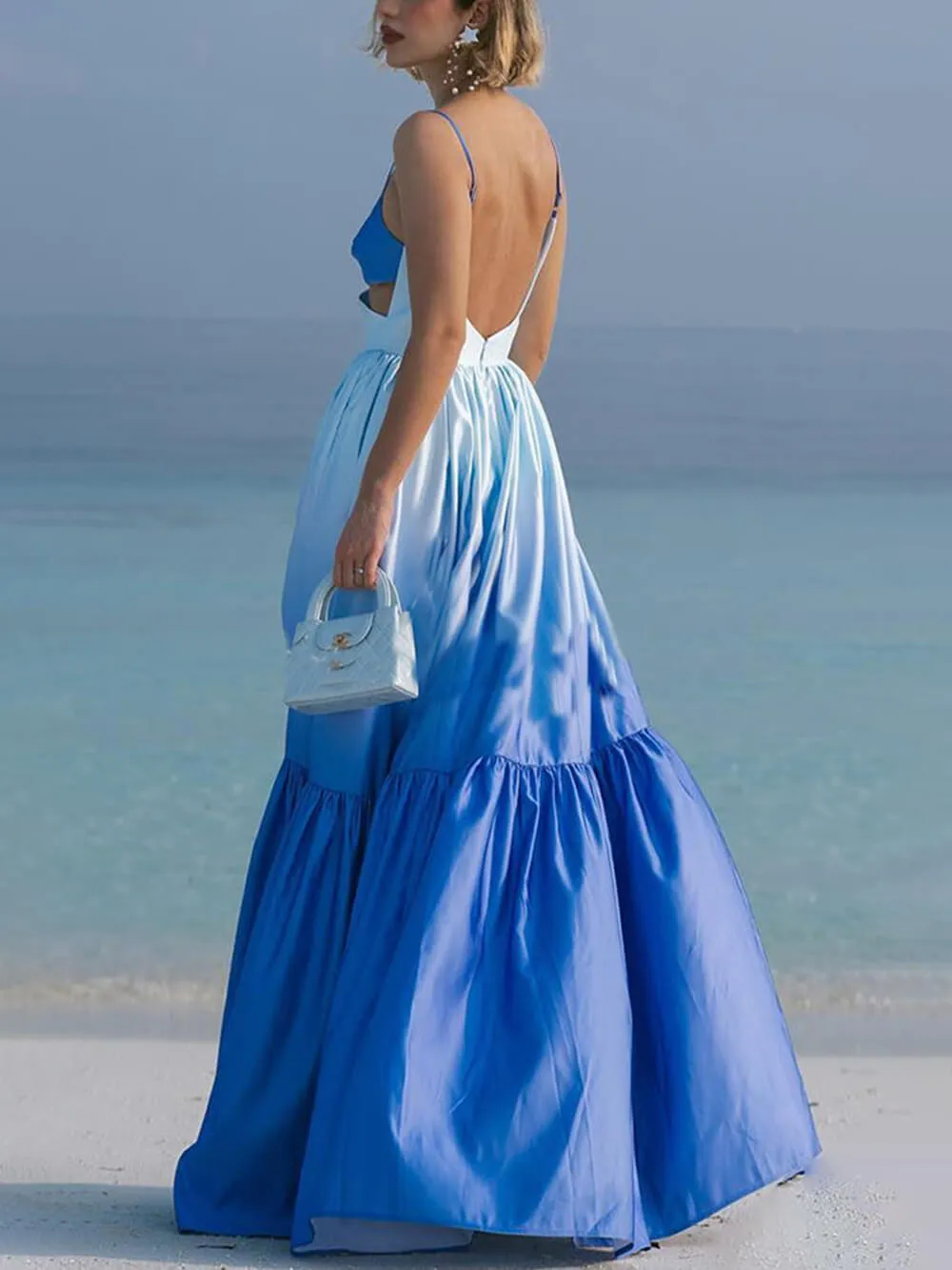 Gradient Color Print Cutout Graceful Waist Tiered Maxi Dress