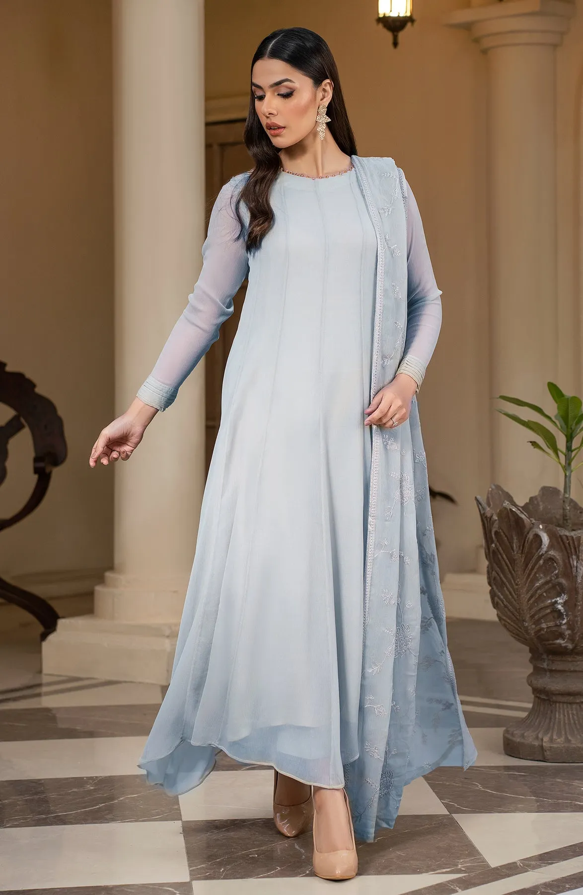 Grayish Shade Embroidered Pakistani Party Wear Frock Style Dress