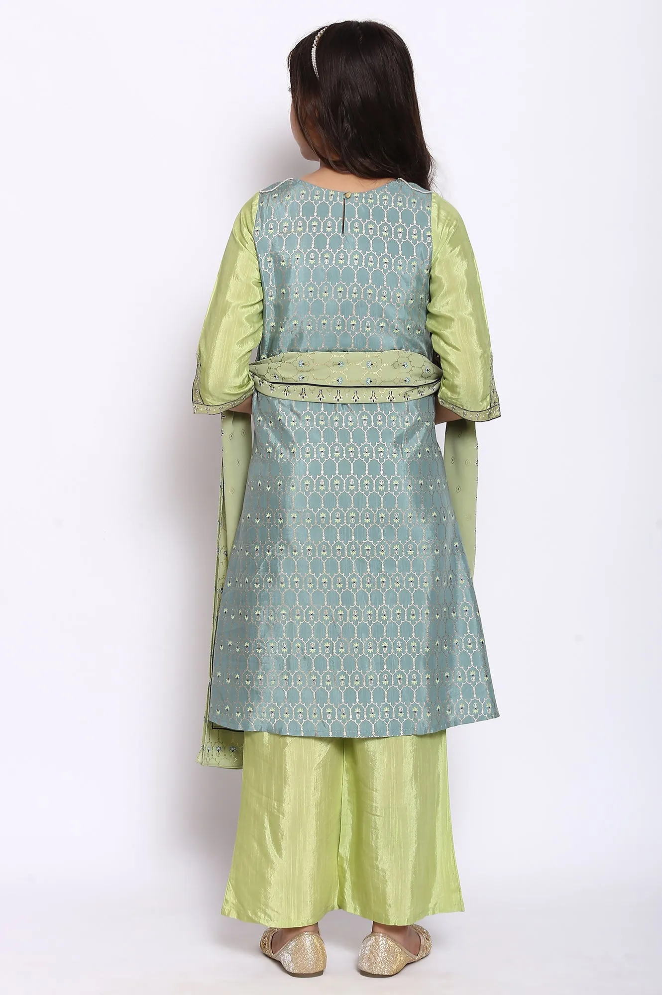Green Flared kurta-Trousers-Dupatta Girls Set