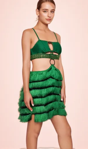 GREEN RHINESTONE CUTOUT FRINGE DRESS