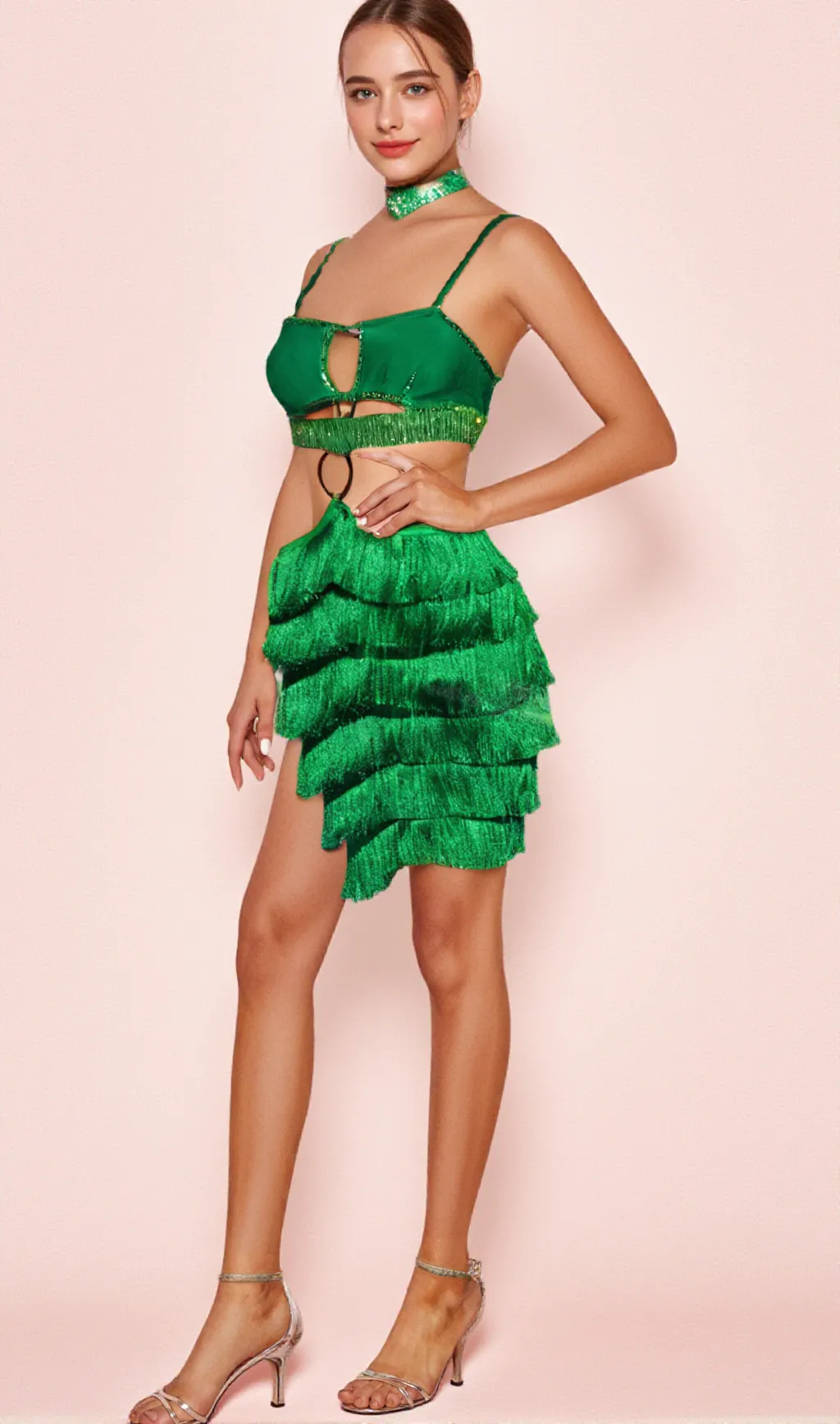 GREEN RHINESTONE CUTOUT FRINGE DRESS