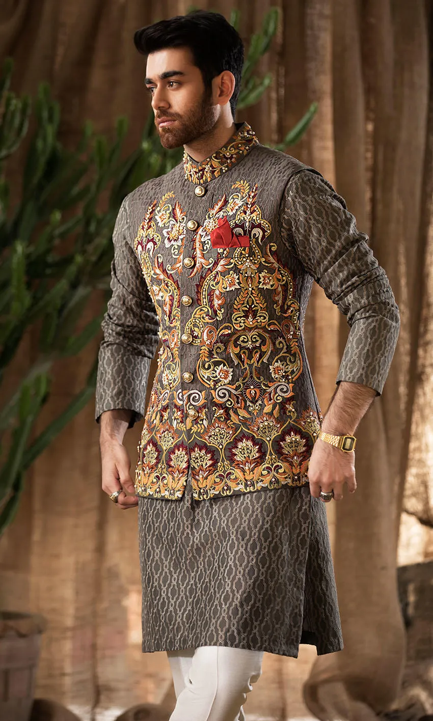 Grey Embroidered Waistcoat Sherwani for Wedding #GN110