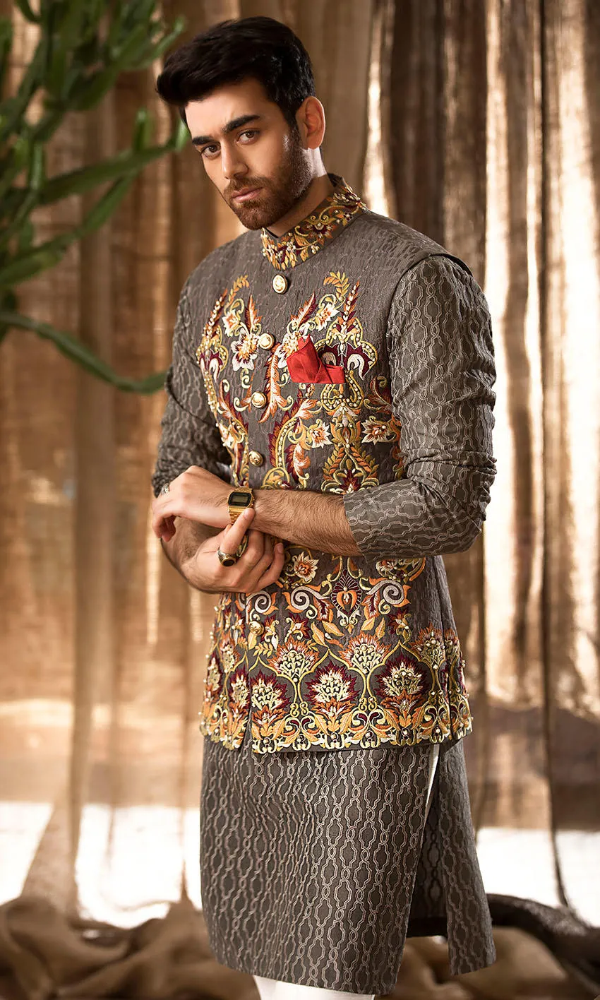 Grey Embroidered Waistcoat Sherwani for Wedding #GN110