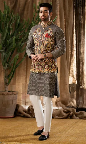 Grey Embroidered Waistcoat Sherwani for Wedding #GN110