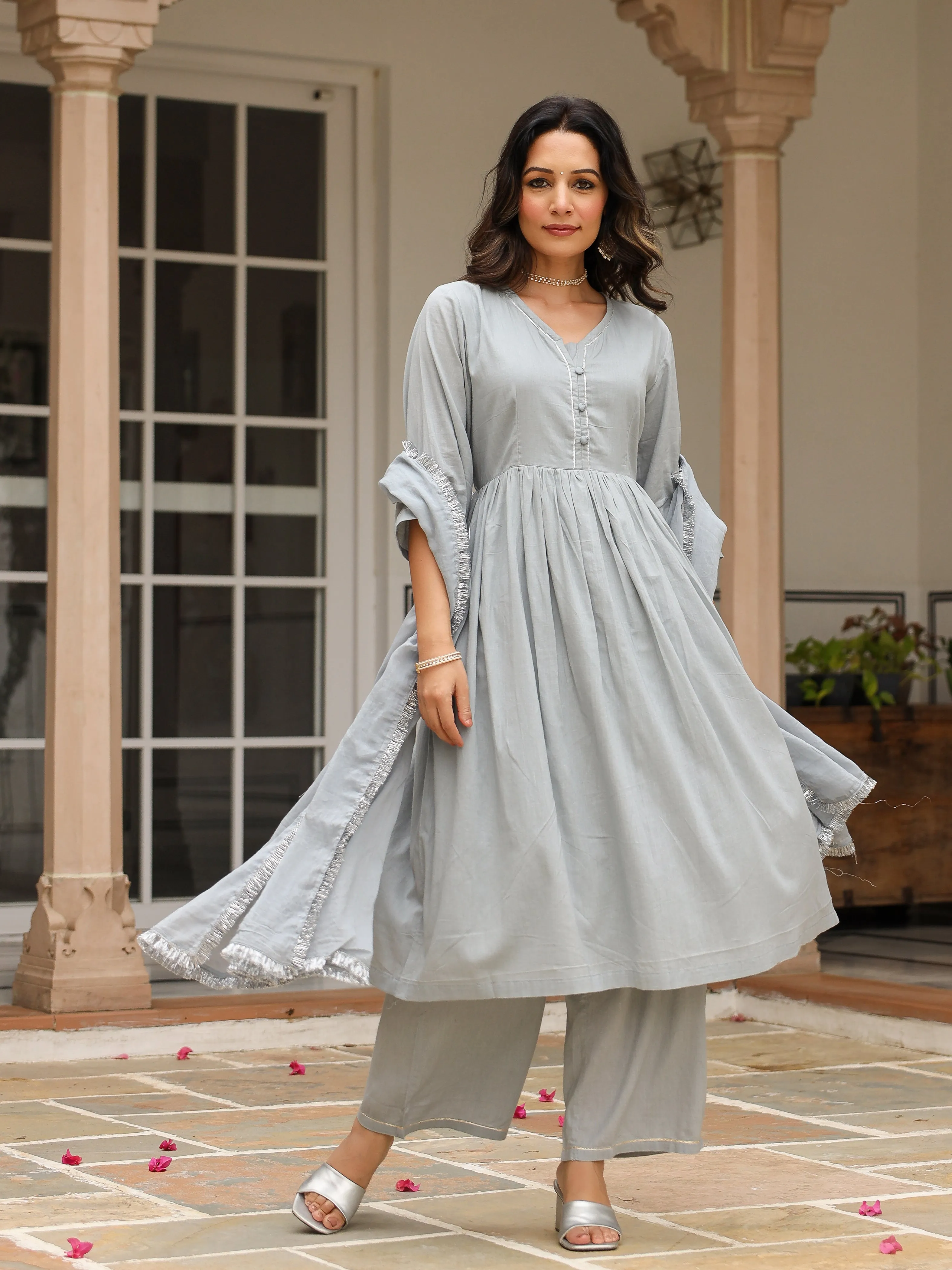 Grey mulmul cotton anarkali kurta set with trousers and dupatta