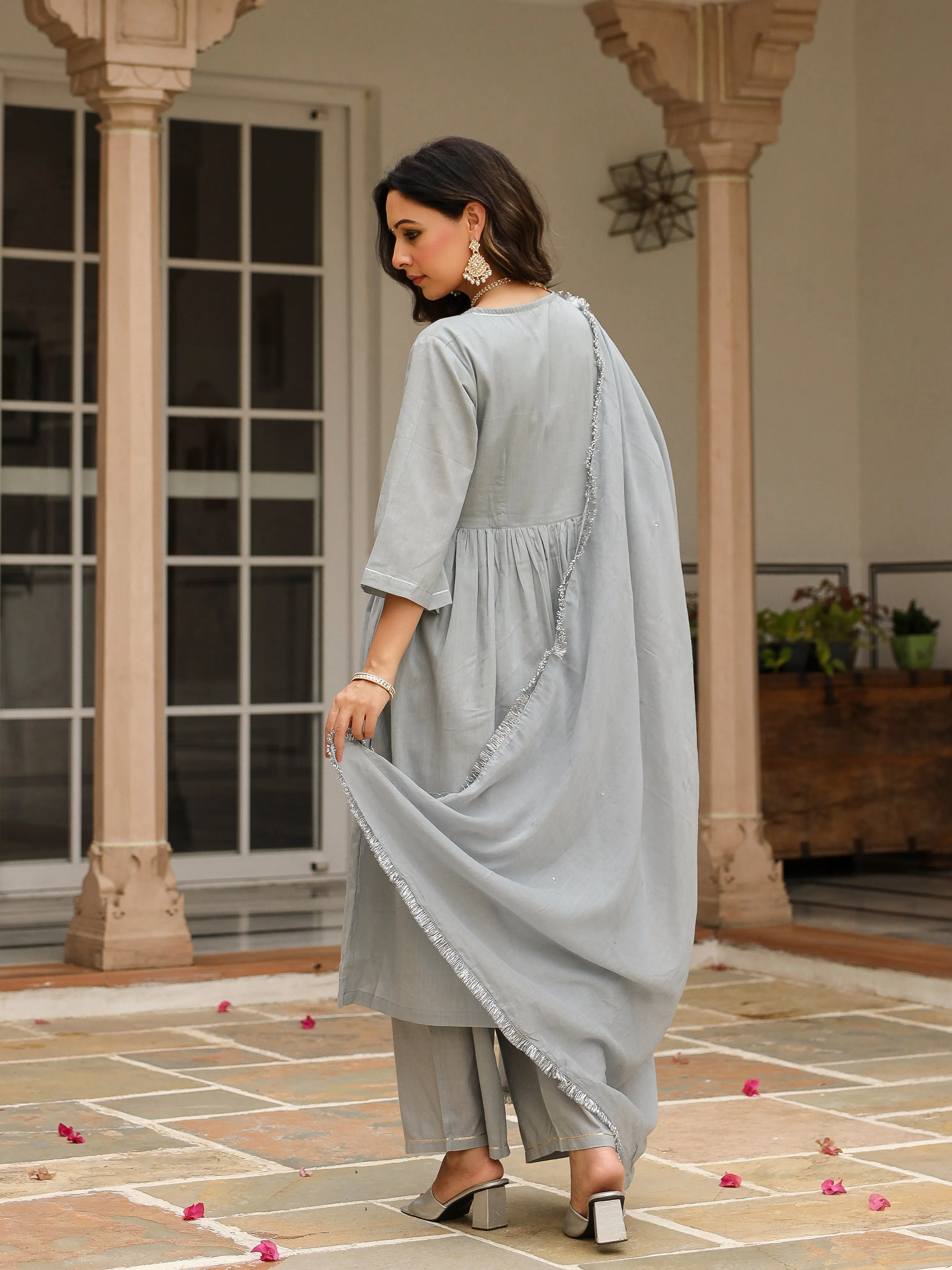 Grey mulmul cotton anarkali kurta set with trousers and dupatta