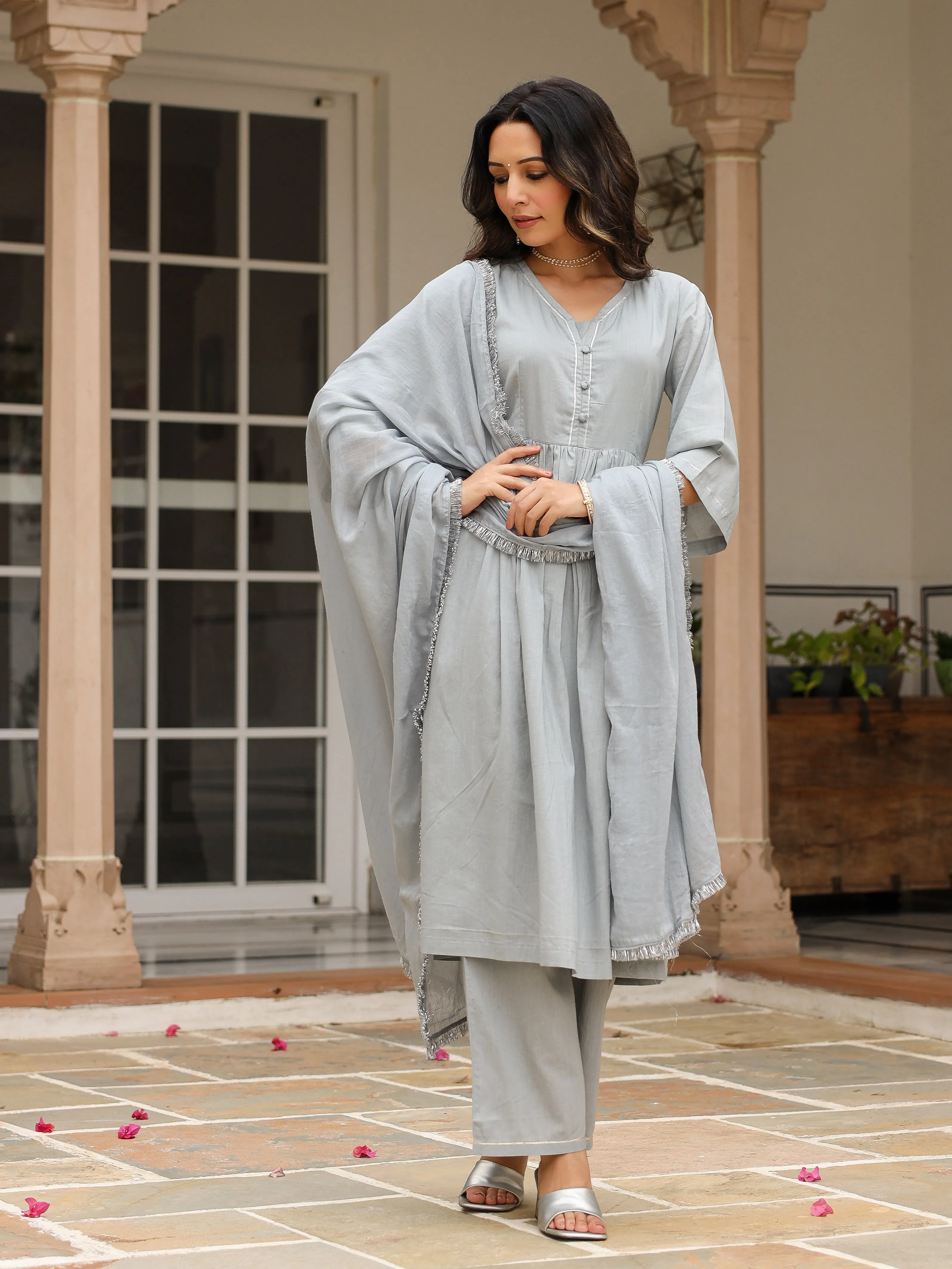 Grey mulmul cotton anarkali kurta set with trousers and dupatta