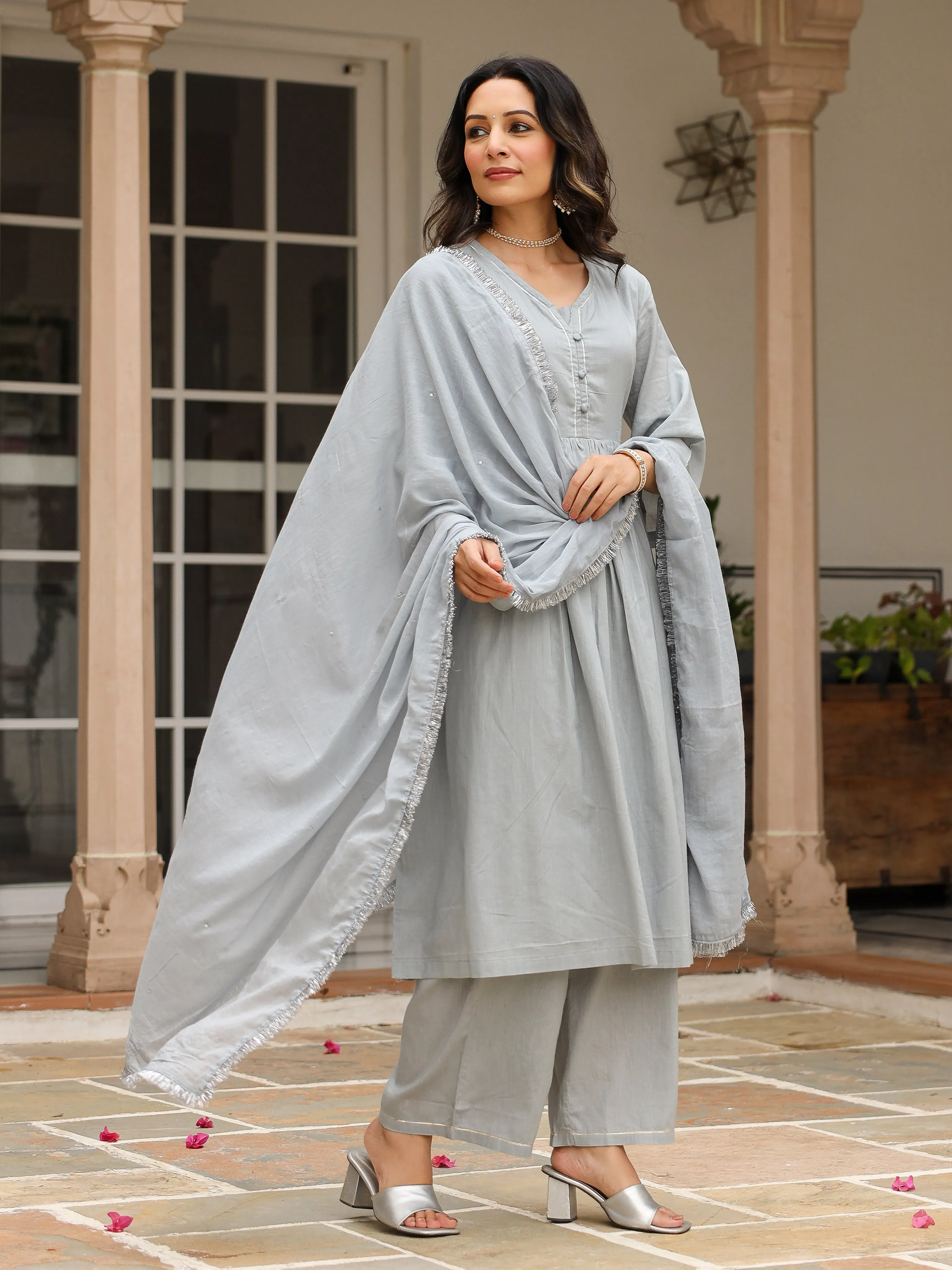 Grey mulmul cotton anarkali kurta set with trousers and dupatta