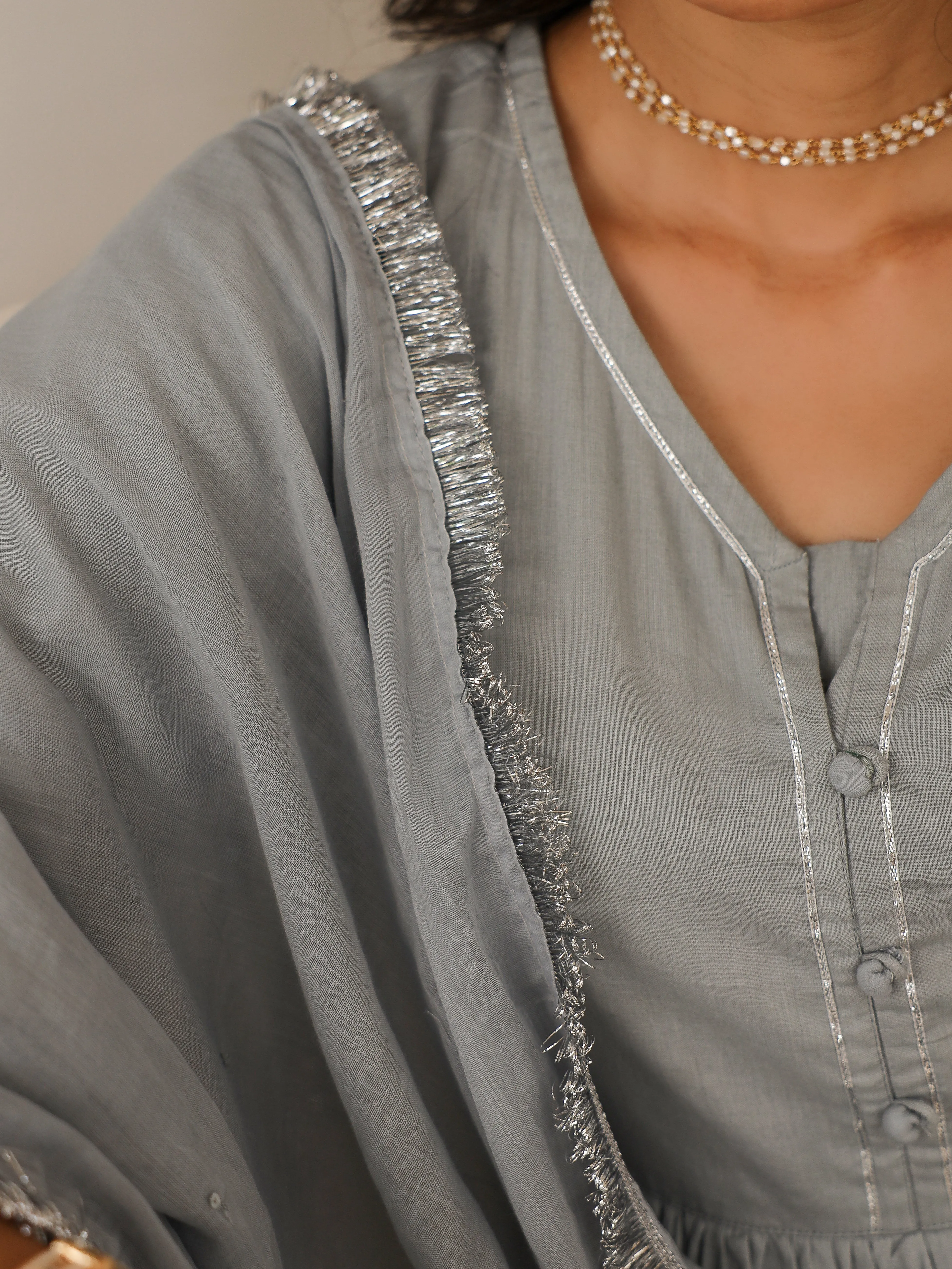 Grey mulmul cotton anarkali kurta set with trousers and dupatta