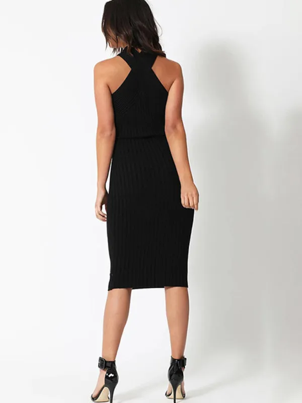 Halter Neck Bodycon Midi Dress with Keyhole Cutout and Ribbed Texture