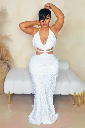 Halter V Neck Cutout Ruffle Party Fishtail Maxi Dresses-White [Pre Order]