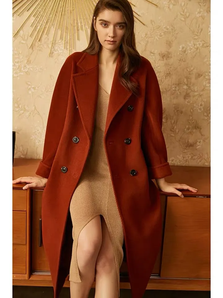 High quality luxury double breasted belted ladies plus size coats cashmere wool coat women