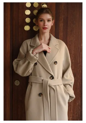 High quality luxury double breasted belted ladies plus size coats cashmere wool coat women